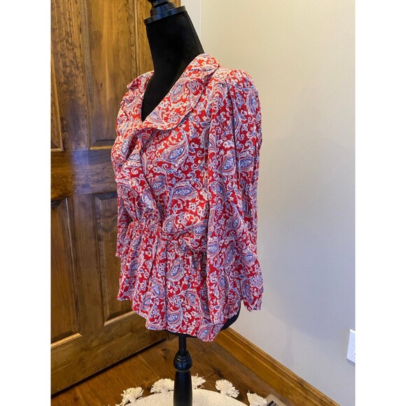 Chaps Blouse Womens Top Size Small Petite Red Paisley Peasant Elastic Waist - Picture 3 of 12